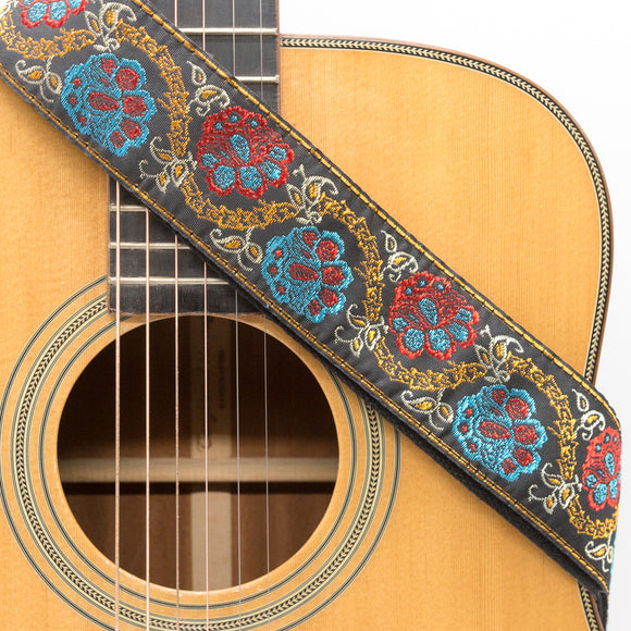 CLOUDMUSIC Guitar Strap Jacquard Weave Strap With Leather Ends Vintage Classical Pattern Design Guitar Picks Free (Blue Red Floral)