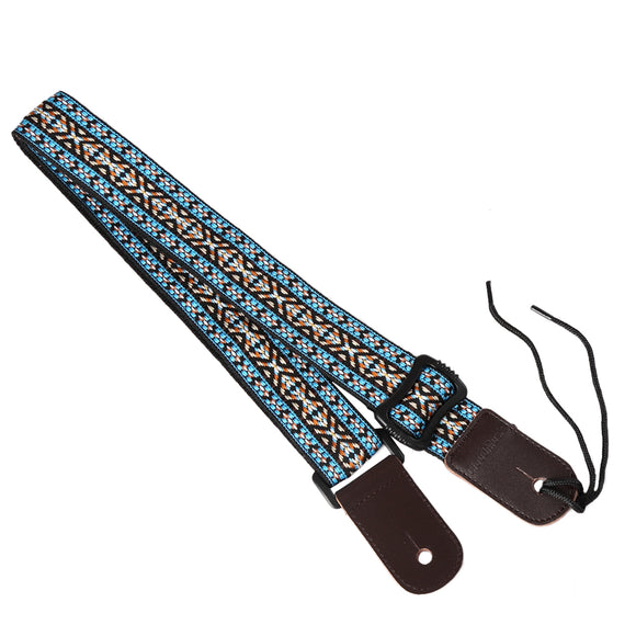 CLOUDMUSIC Hawaiian Blue Ukulele Strap With Ukulele Strap Buttons Black Leather Ends