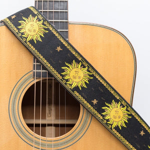 CLOUDMUSIC Guitar Strap Jacquard Weave Strap Apollo Sunny In Black pattern With Leather Ends Vintage Classical Pattern Design With Guitar Picks
