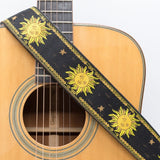 CLOUDMUSIC Guitar Strap Jacquard Weave Strap Apollo Sunny In Black pattern With Leather Ends Vintage Classical Pattern Design With Guitar Picks