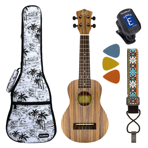 CLOUDMUSIC Zebrawood Soprano Ukulele Kit Hawaiian Palm Tree Ukulele Case & Ukulele Strap & Turner & Felt Picks