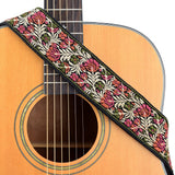 CLOUDMUSIC Guitar Strap Jacquard Weave Strap With Leather Ends Vintage Classical Pattern Design Guitar Picks Free (Vintage Embroidery Red Pattern)