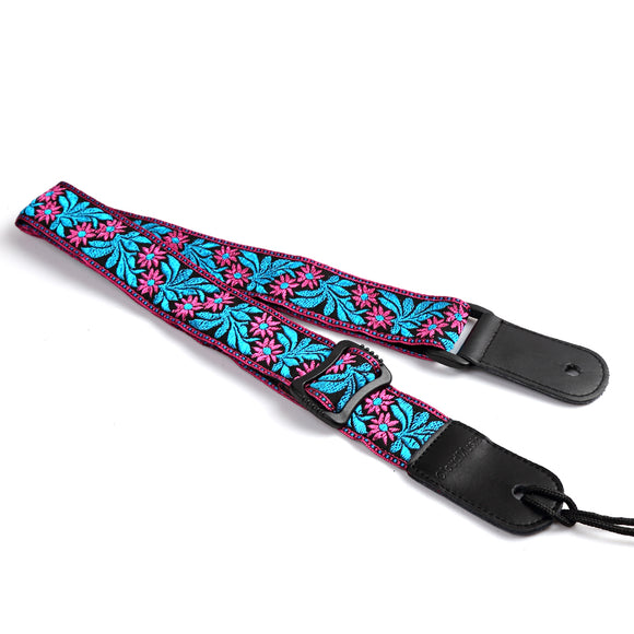 CLOUDMUSIC Jacquard Weave Style Hawaiian Ukulele Strap (Rosy Flowers With Bright Blue Leaves)