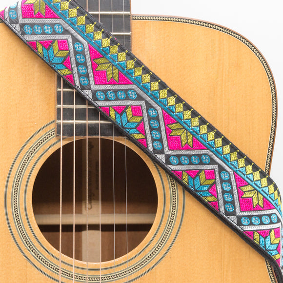CLOUDMUSIC Guitar Strap Jacquard Weave Strap Apollo Sunny In Black pattern With Leather Ends Vintage Classical Pattern Design With Guitar Picks