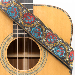 CLOUDMUSIC Guitar Strap Jacquard Weave Strap With Leather Ends Vintage Classical Pattern Design Guitar Picks Free (Blue Red Floral)