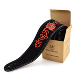 CLOUDMUSIC Guitar Strap Leather Guitar Strap Black With Red Roses For Acoustic Guitar Classical Guitar Electric Guitar Bass
