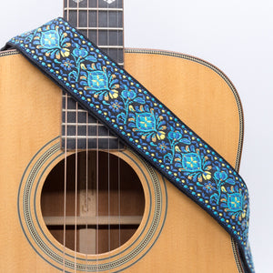 CLOUDMUSIC Guitar Strap Jacquard Weave Strap Apollo Sunny In Black pattern With Leather Ends Vintage Classical Pattern Design With Guitar Picks