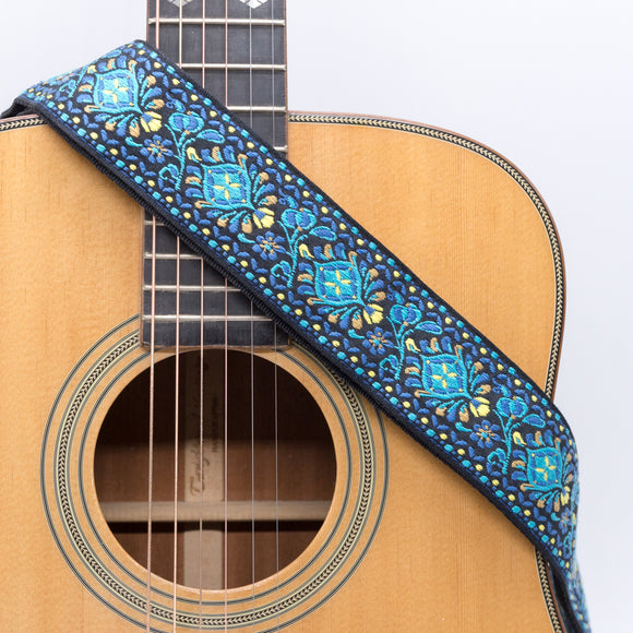 CLOUDMUSIC Guitar Strap Jacquard Weave Strap Apollo Sunny In Black pattern With Leather Ends Vintage Classical Pattern Design With Guitar Picks