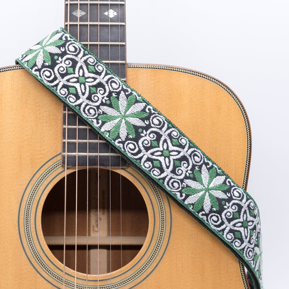CLOUDMUSIC Guitar Strap Jacquard Weave Strap Apollo Sunny In Black pattern With Leather Ends Vintage Classical Pattern Design With Guitar Picks