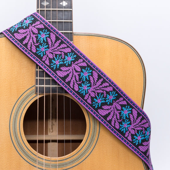 CLOUDMUSIC Guitar Strap Jacquard Weave Strap Apollo Sunny In Black pattern With Leather Ends Vintage Classical Pattern Design With Guitar Picks
