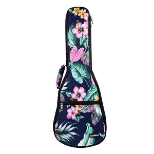 CLOUDMUSIC Ukulele Case Water Resistant Waterproof Ukulele Backpack Hawaiian Hibiscus Flowers For Soprano Concert (Soprano, Flowers in dark blue)