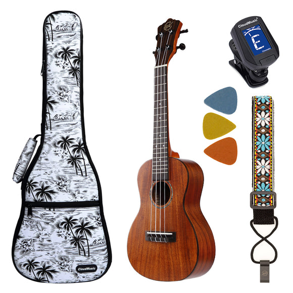 CLOUDMUSIC SS12 Solid Top Acacia Concert Kit Ukulele With Aquila Strings Hawaiian Palm Tree Case Hook Strap Felt Picks