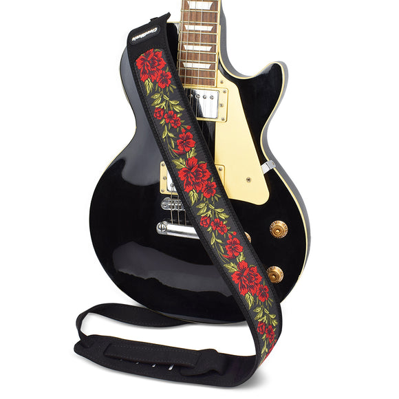 CLOUDMUSIC Guitar Strap PGS Series Jacquard Leather Roses Red Vintage Brown Blue Pattern (Red Roses)