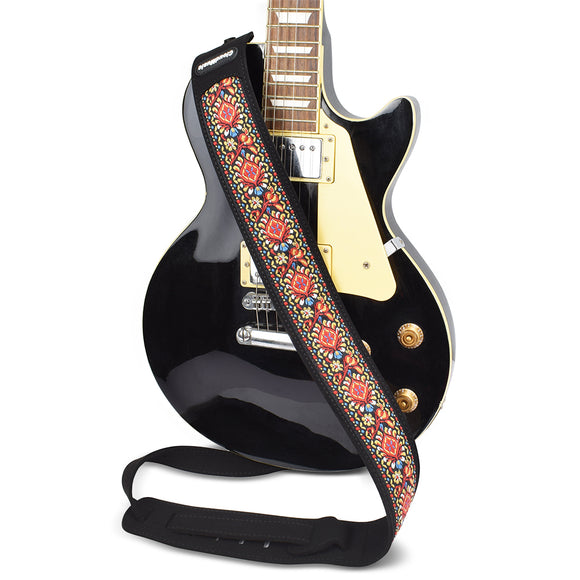 CLOUDMUSIC Guitar Strap PGS Series Jacquard Leather Roses Red Vintage Brown Blue Pattern (Red Pattern)