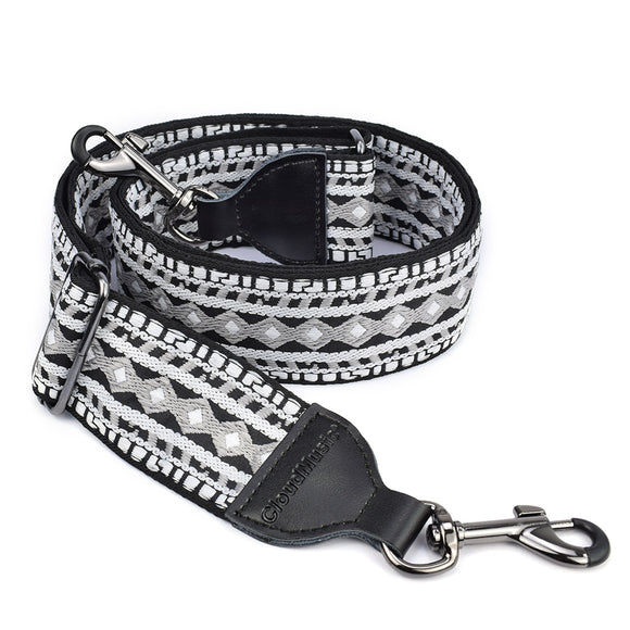 CLOUDMUSIC Purse Banjo Strap Jacquard Woven With Leather Ends And Metal Clips (Black and White)