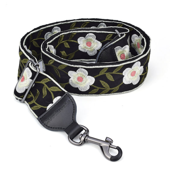 CLOUDMUSIC Banjo Strap Guitar Strap For Handbag Purse Jacquard Woven With Leather Ends And Metal Clips(White Flowers)