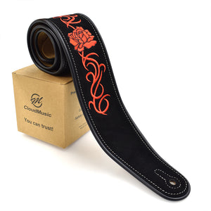 CLOUDMUSIC Guitar Strap Leather Guitar Strap Black With Red Roses For Acoustic Guitar Classical Guitar Electric Guitar Bass