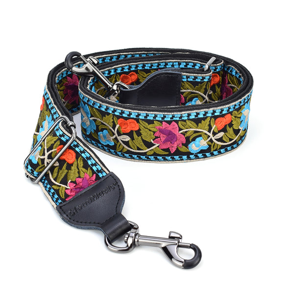 CLOUDMUSIC Banjo Strap Guitar Strap For Handbag Purse Jacquard Woven With Leather Ends And Metal Clips(Blue Pink Flower)